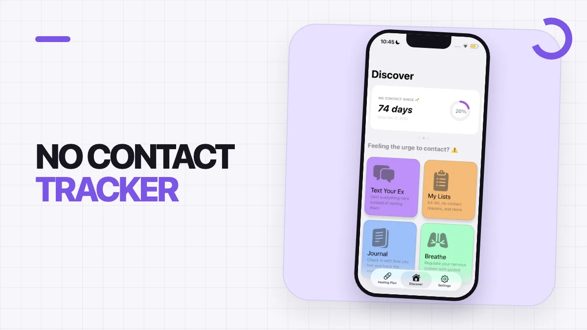 No Contact Tracker graphic with a real Start No Contact app screenshot showing a 74-day streak