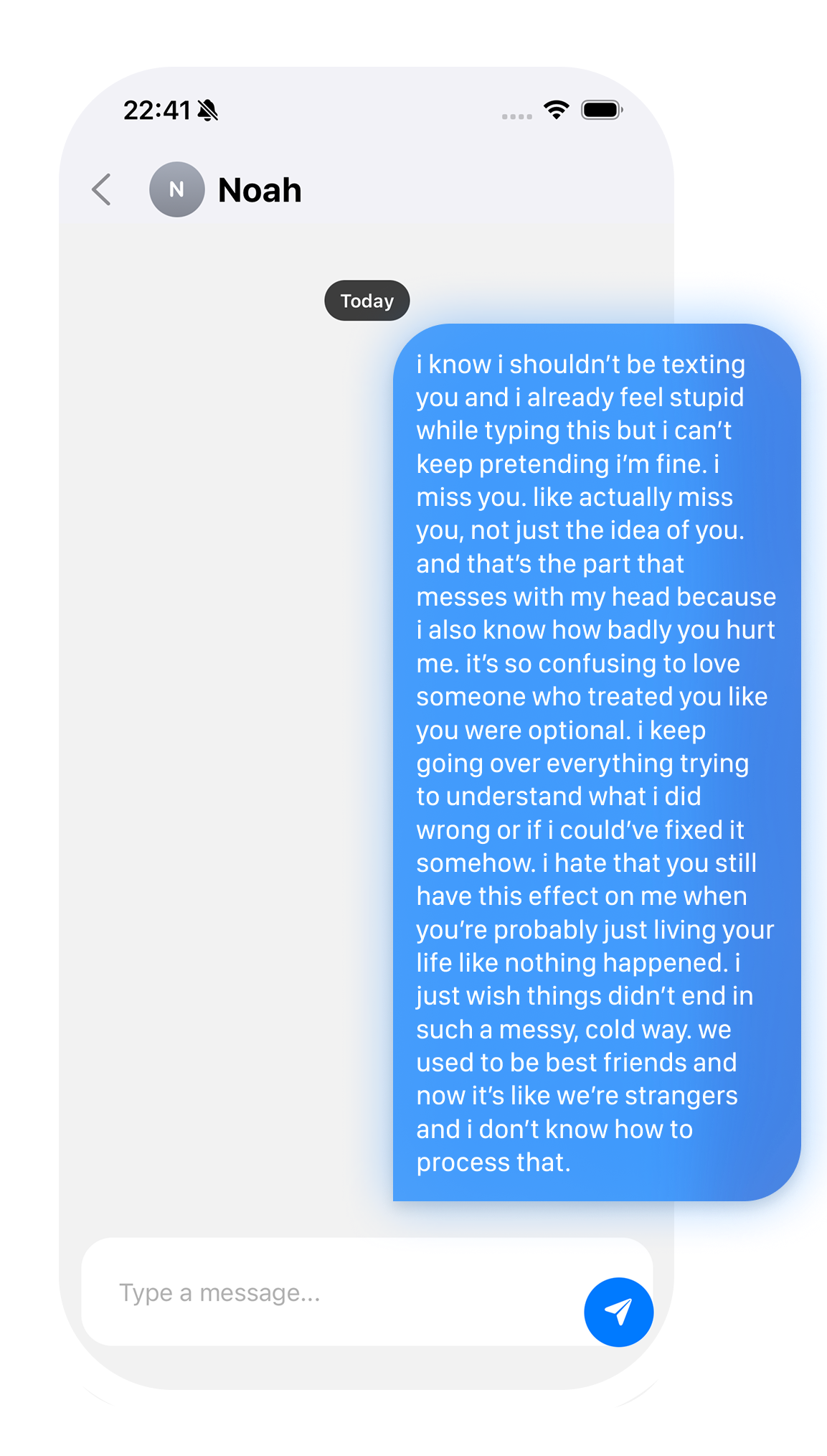 A private unsent message shown inside the Start No Contact app